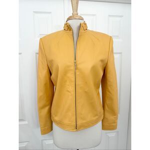 St. John Sport Marie Yellow Gold Mock Neck Full Zip Leather Jacket Size Medium